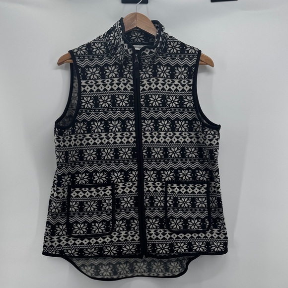 Vermont Country Store Jackets & Blazers - Vermont Country Store fair Isle‎ Black & Cream Snowflake Fleece Zip Vest Sz 1X